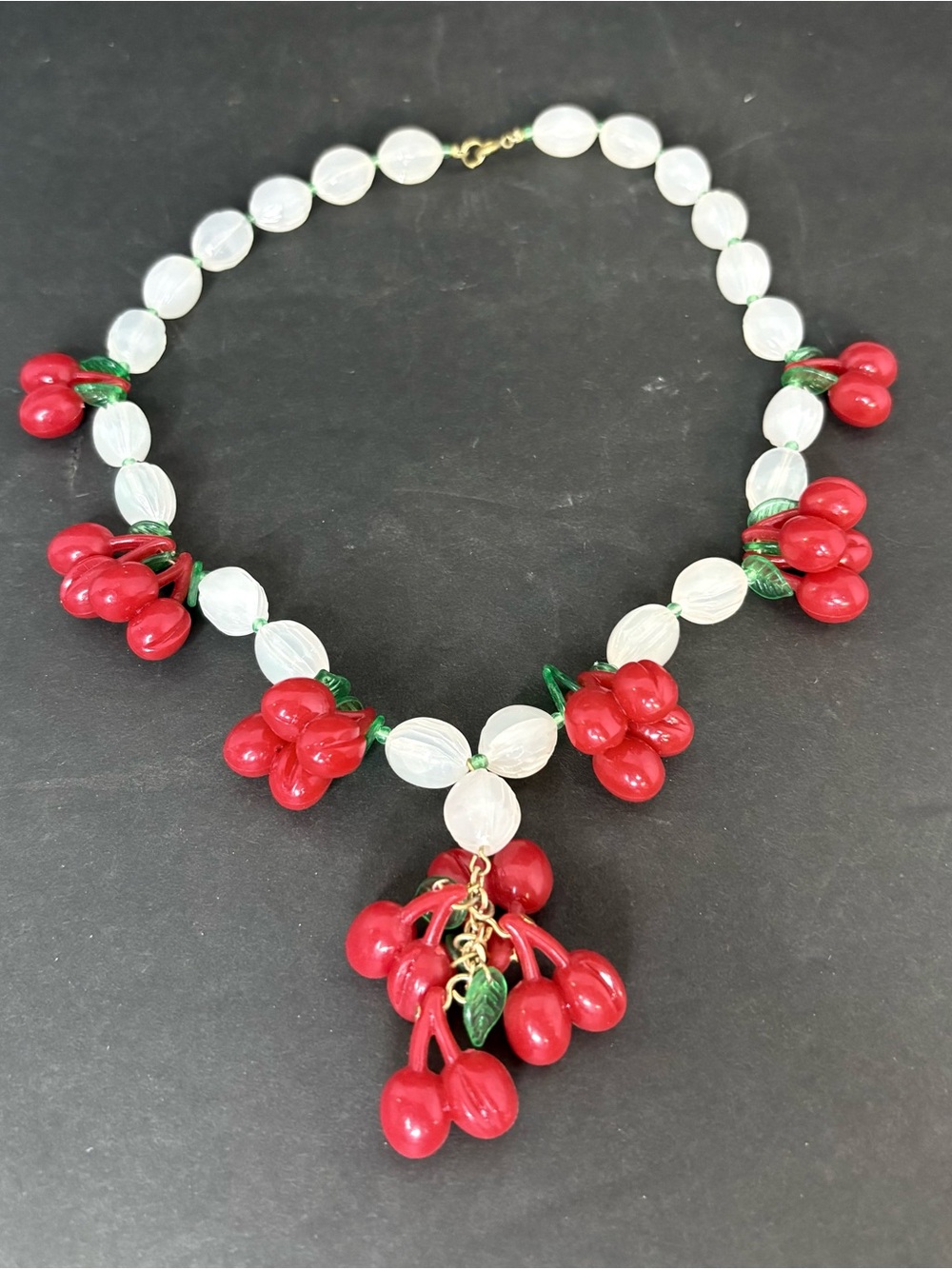 Vintage Red Cherry Beaded Lucite Iconic Statement Necklace 10”